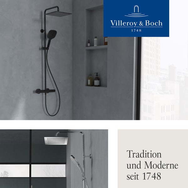 Villeroy und Boch Logo und modernes Duschsystem an einer grauen Wand mit integrierten Ablagen und Fensterblick