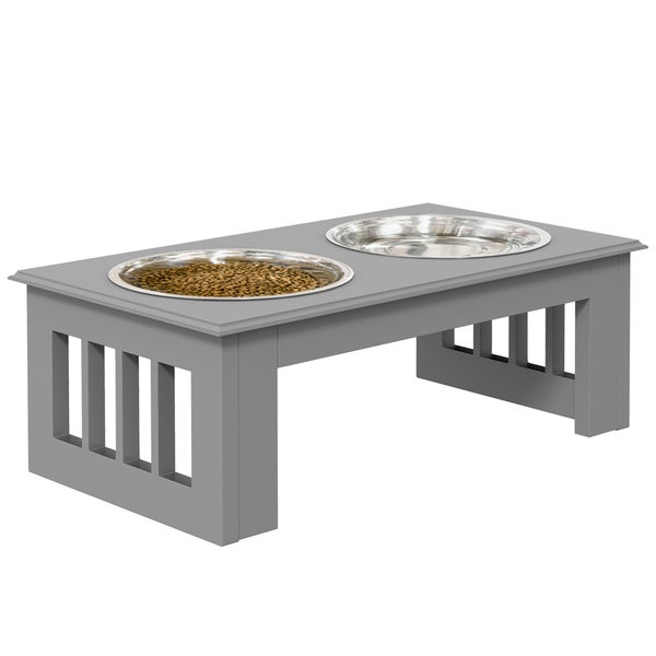 PawHut Hundenapf mit 2 Näpfe, 0,9 L Futterschüssel, erhöhter Katzen Futternapf, Pflegeleicht, Edelstahl Grau, 44 x 24 x 15 cm