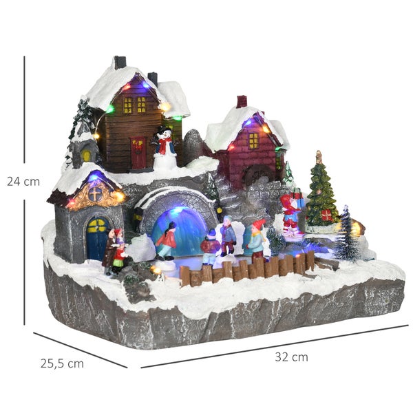 HOMCOM Weihnachtsdorf Tischdeko mit LED-Leuchtung Weihnachtsdeko Schlittschuhbahn Motiv mit beweglichen Kinder Weihnachten Village Winterlandschaft 32 x 25,5 x 24 cm