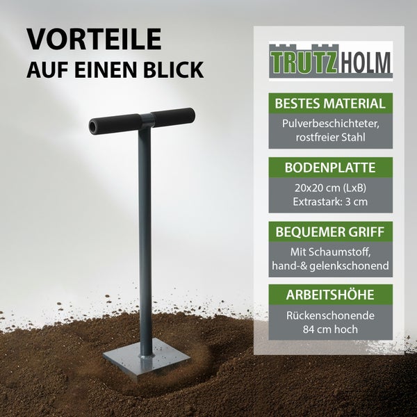 Trutzholm Erdlochbohrer aus pulverbeschichtetem, rostfreiem Stahl mit Schaumstoffgriff, Bodenplatte 20 mal 20 Zentimeter und Arbeitshöhe 84 Zentimeter