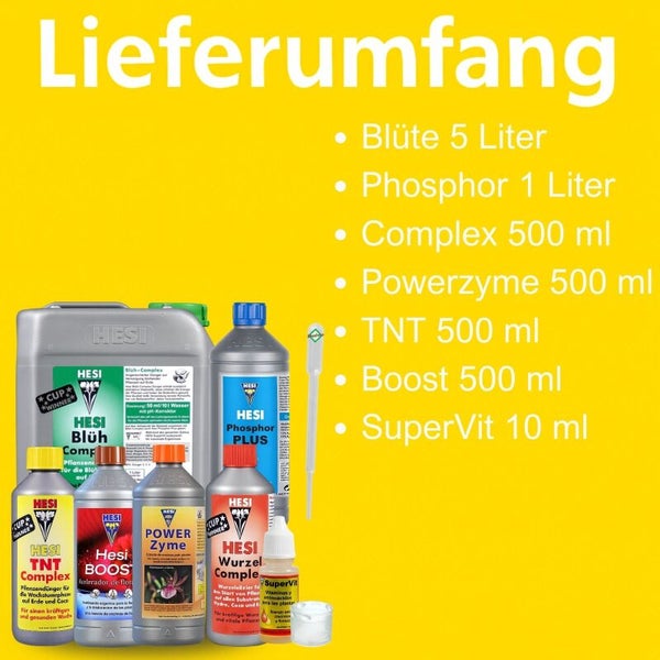 HESI Düngerset: Blüte 5 Liter, Phosphor 1 Liter, Complex, Powerzyme, TNT, Boost je 500 Milliliter, SuperVit 10 Milliliter.