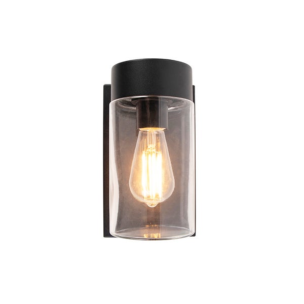 Zylindrische Außenwandleuchte aus schwarzem Metall und Glas mit LED-Filament-Leuchtmittel.