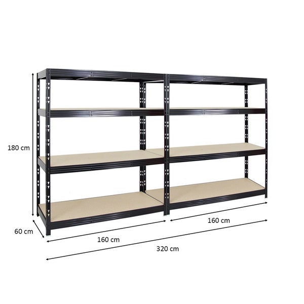 PROREGAL Mega Deal 2x Profi Schwerlastregal Rhino HxBxT 180 x 160 x 60 cm 4 Spanplatten-Ebenen 8mm Fachlast 500 kg Schwarz