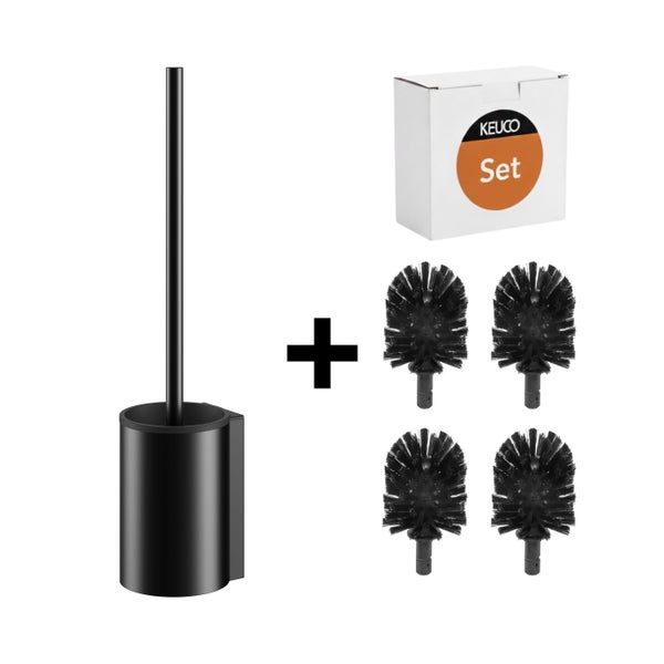 Keuco Toilettenbürsten-Set in Schwarz mit Wandhalterung und vier Ersatzbürstenköpfen.