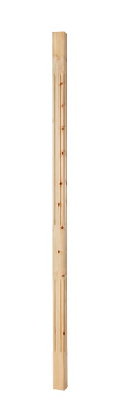 Quadratischer Holzpfosten für Geländer mit eingefrästen Längsnuten und sichtbarer Holzmaserung.