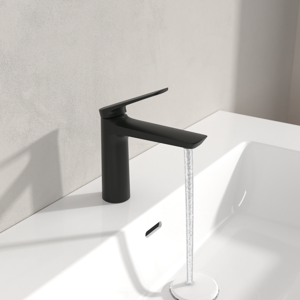 Villeroy & Boch Oasis Waschtischarmatur ohne Zugstange, Wasserhahn Bad mit Keramikkartusche, Waschbeckenarmatur wassersparend, Auslauf Höhe 114mm, rund, Matt Black