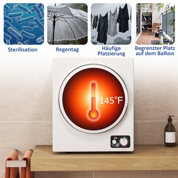 Weißer Mini-Trockner mit Sterilisationsfunktion, Anzeige von 145 Grad Fahrenheit, ideal bei Regen oder wenig Platz auf dem Balkon.