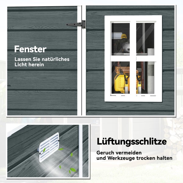Gartenhaus mit Fenster für natürliches Licht und Lüftungsschlitzen für verbesserte Luftzirkulation.