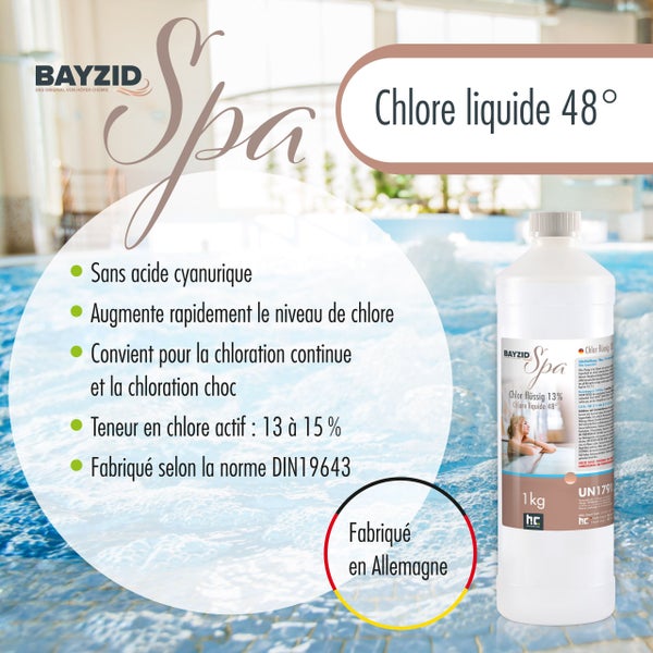 BAYZID Spa Flüssigchlor 48 Grad in einer weißen Flasche