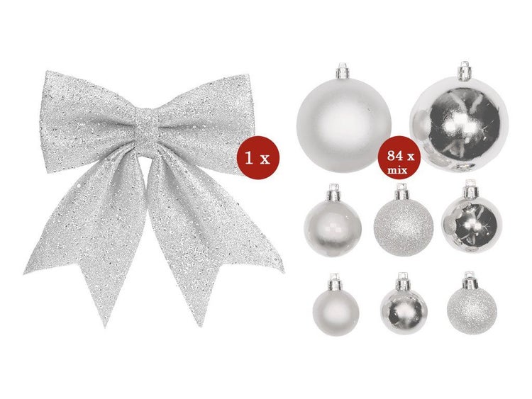 Weihnachtsbaumschmuck Set bestehend aus einer großen Schleife und 84 Christbaumkugeln in verschiedenen Oberflächenausführungen.
