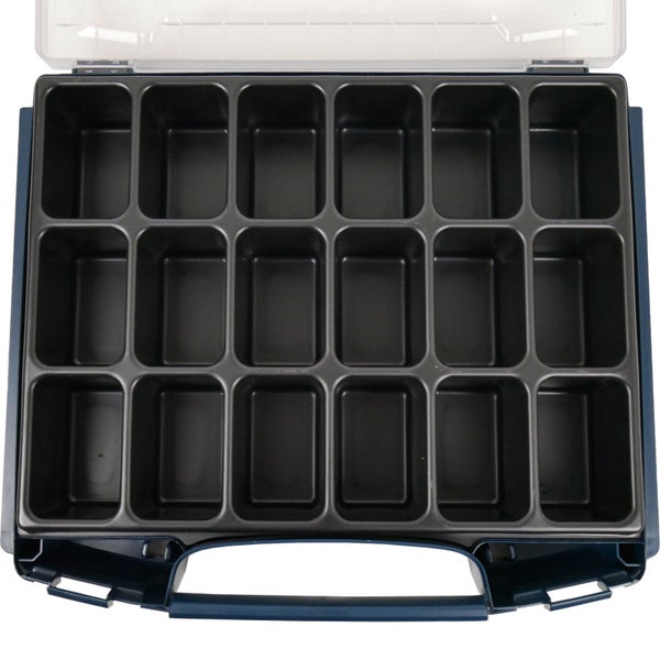 Sortimentskasten aus Kunststoff mit achtzehn Fächern und offenem, transparentem Deckel zur Aufbewahrung von Kleinteilen.