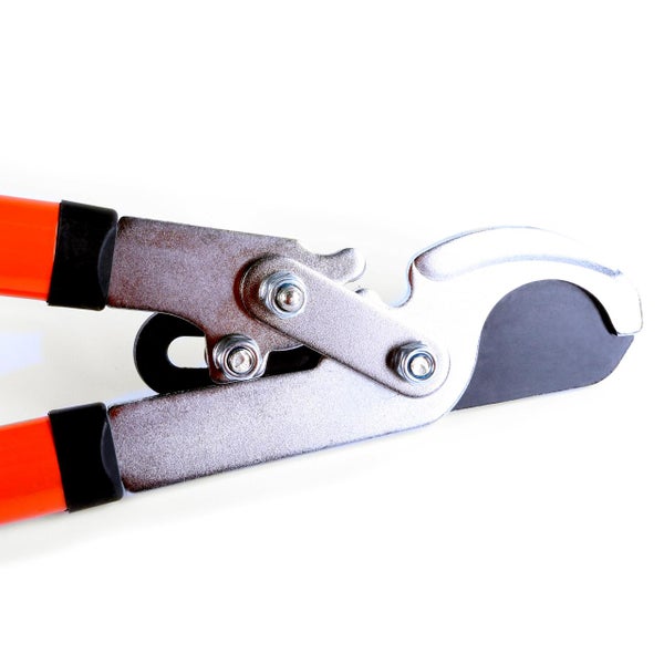 Detailansicht des Schneidkopfs einer Bypass-Astschere aus Metall mit orangefarbenen Griffen.