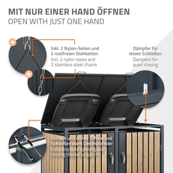 ML-Design Mülltonnenbox 4er 4 Tonnen 240L 264x80x116,3cm Anthrazit-Lärchenoptik, Stahl wetterfest/abschließbar Mülltonnenverkleidung Klappdeckel/4 Türen, Müllbox Mülltonnecontainer Mülltonnenabdeckung