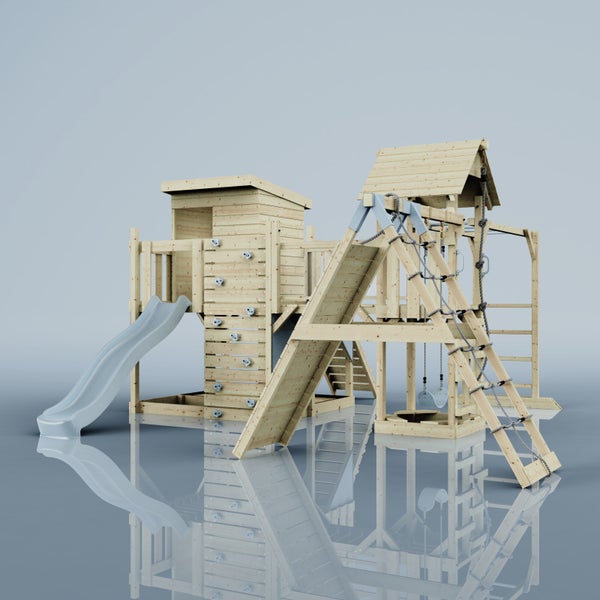 Spielplatz aus Holz mit Rutsche, Kletterwand und Schaukel