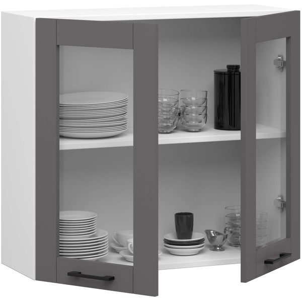 Eck-Hängeschrank mit zwei Regalböden und Geschirr