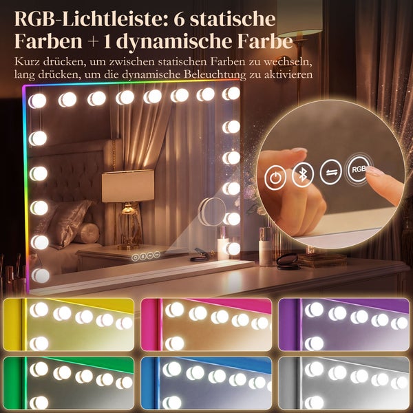 Hollywood Schminkspiegel mit LED Lampen und RGB Lichtleiste auf hellem Schminktisch, Touch Steuerung zeigt sechs statische und eine dynamische Farbe.