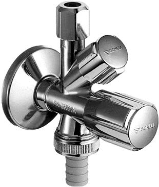 Schell Kombinations-Eckventil aus verchromtem Messing mit zwei Griffen und einem Schlauchanschluss für die Wandmontage.