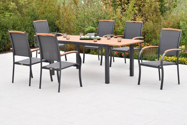 Siena Gartenmöbel Set 7tlg., 6 Stapelsessel, Ausziehtisch 150 (200) x 90 cm, graphit/grau