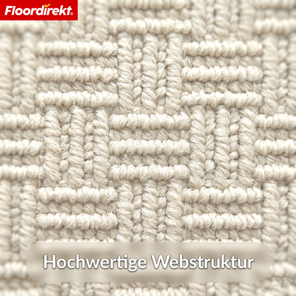 Nahaufnahme eines Teppichs mit hochwertiger Webstruktur und dem Floordirekt Logo.