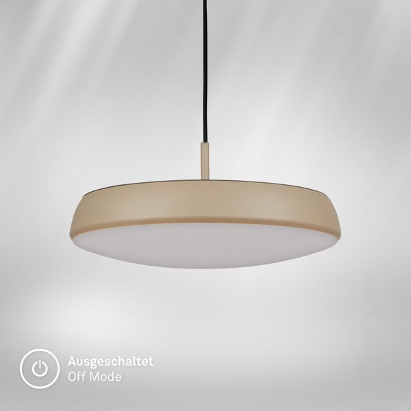 Moderne runde Pendelleuchte mit flachem Lampenschirm und schwarzem Kabel zur Deckenmontage