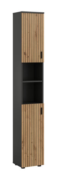 Badezimmer-Hochschrank mit Korpus in Anthrazit und Türen in Eichenoptik mit Lamellenstruktur sowie zwei offenen Fächern.