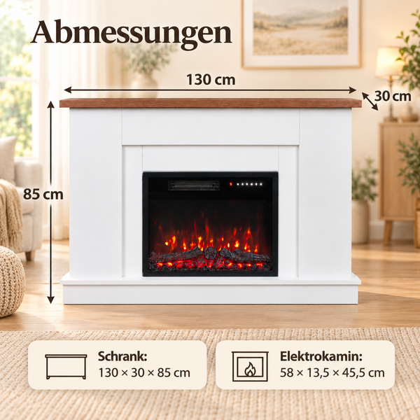Elektrischer Kamin mit weißem Gehäuse und brauner Ablagefläche inklusive Maßangaben für das Gehäuse und den Kamineinsatz.