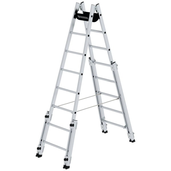 Günzburger Steigtechnik Stufenstehleiter aus Aluminium mit Holmausgleich und Werkzeugschale.