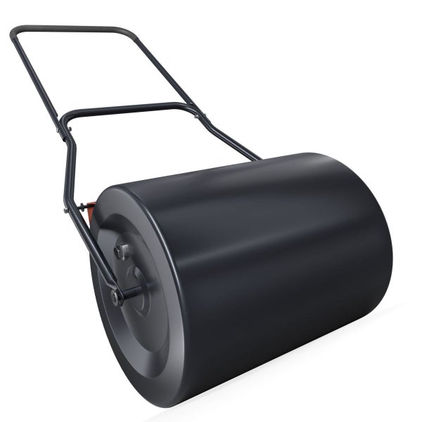 Rasenwalze aus Metall mit Bügelgriff zum Glätten von Bodenflächen und Rasen.