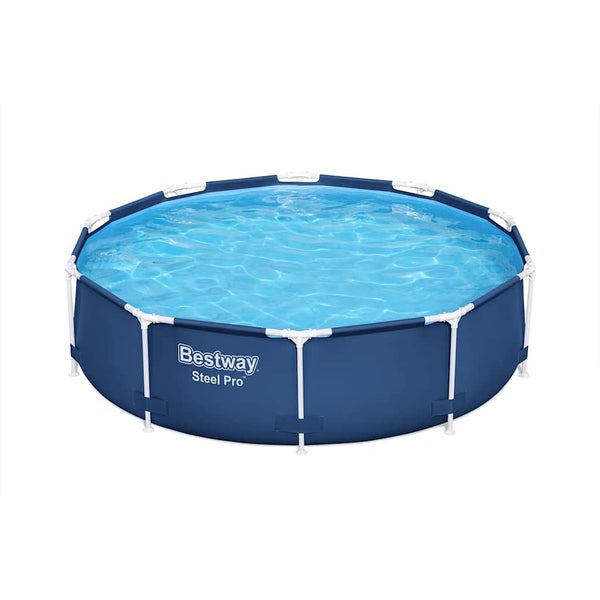Runder Rahmenpool Bestway Steel Pro mit Metallrahmen und blauer Poolfolie.