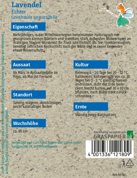 Rückseite der Samentüte Echter Lavendel mit Informationen zu Aussaat, Standort, Wuchshöhe circa 50 Zentimeter und Graspapier Logo.