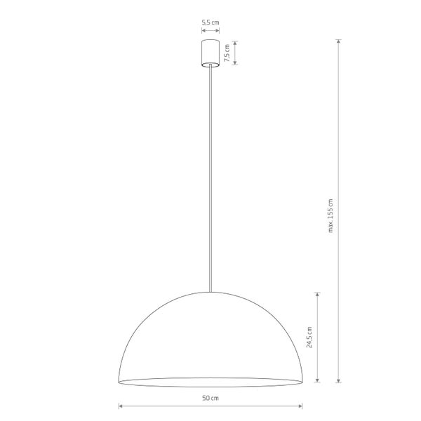 Technische Zeichnung einer Pendelleuchte mit den Maßen 50 cm Breite, 24,5 cm Höhe und einer maximalen Abhängung von 155 cm