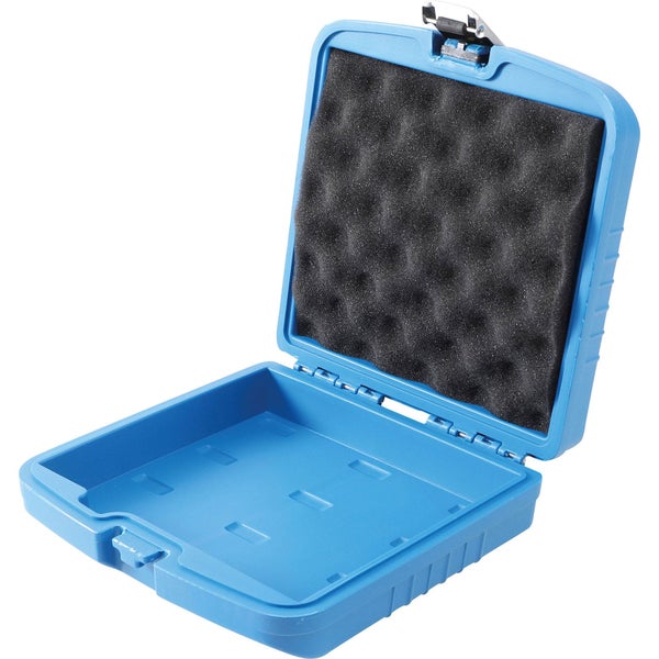 Blauer Werkzeugkoffer aus Kunststoff, geöffnet, mit Noppenschaumstoff im Deckel.