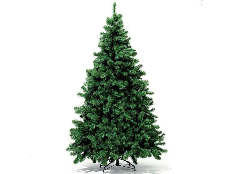 Künstlicher Weihnachtsbaum mit dichtem Nadelkleid auf Metallständer.