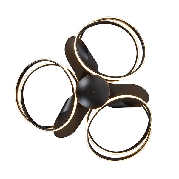 Moderner schwarzer Deckenventilator mit drei Flügeln und drei integrierten LED-Leuchtringen.