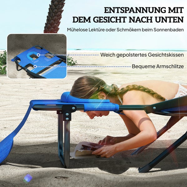 Outsunny Sonnenliege klappbar Gartenliege mit Lesefenster, Kopfkissen, Liegestuhl mit 4-Fach verstellbare Rückenlehne, wetterfeste Campingliege bis 120 kg belastbar, für Garten Strand Pool, Dunkelblau