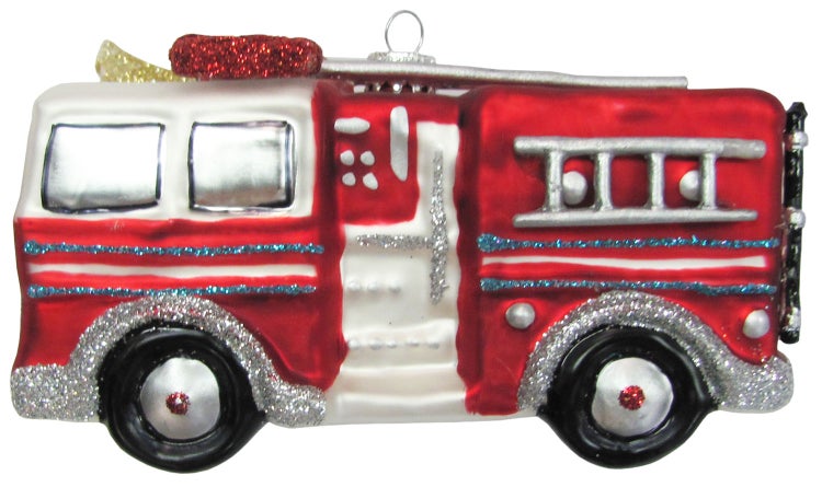 Rot/Silber 13cm Feuerwehrauto aus Glas mundgeblasen und handekoriert, 1 Stck., Weihnachtsbaumkugeln, Christbaumschmuck, Weihnachtsbaumanhänger