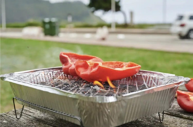 RESCH 502602 mobiler Holzkohle Einweg-Grill mit Kohle & Rost, ideal für 2 Personen Aluminium Schale Tischgrill tragbar, Holzkohlegrill ideal für unterwegs, 31 x 24 x 4,8 cm