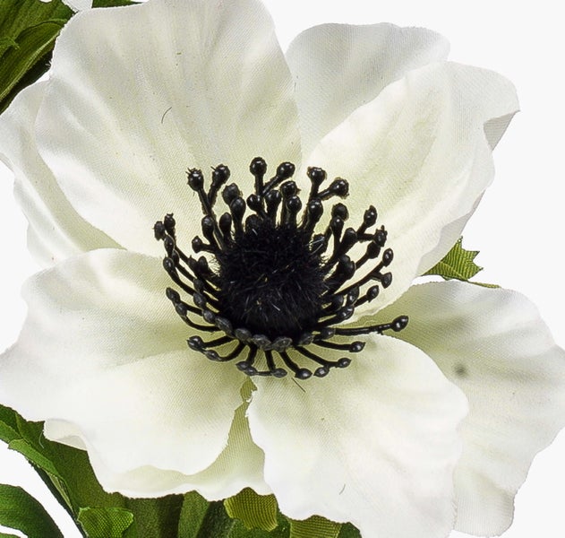 Künstliche Anemone mit weißen Blütenblättern und dunklem Zentrum.
