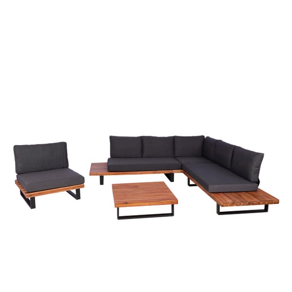 Garten-Lounge-Set aus Holz bestehend aus Ecksofa, Sessel und Couchtisch, inklusive dunkler Polster.