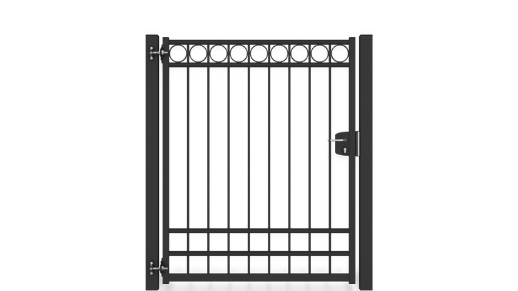 Gartentor ZAUNGURU BASIC-Linie Oldenburg Kreis aus Metall, Höhe: 163cm, Breite: 150cm, 1-flügelig inkl. Pfosten, Schloss und Zubehör, Feuerverzinkt und in RAL 7016 Anthrazitgrau pulverbeschichtet