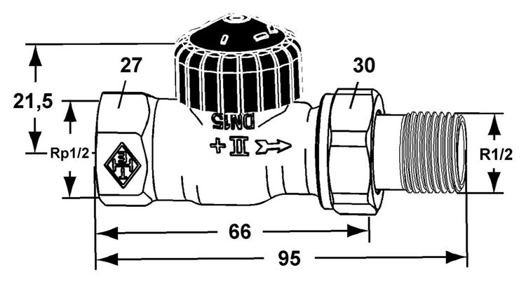 Technische Zeichnung eines Ventils mit Maßen