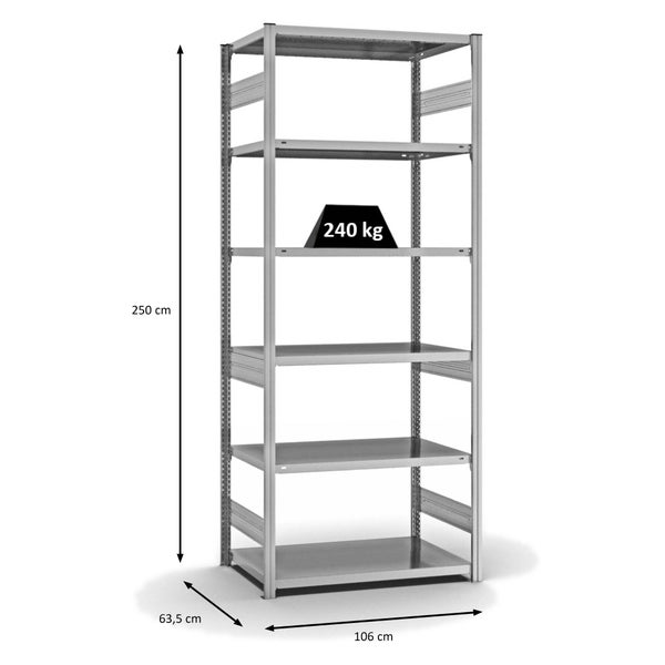 PROREGAL Fachbodenregal Stecksystem T-Profil Medium-Duty Grundregal HxBxT 250 x 100 x 60 cm 6 Ebenen Fachlast 240 kg Beidseitig Nutzbar Verzinkt