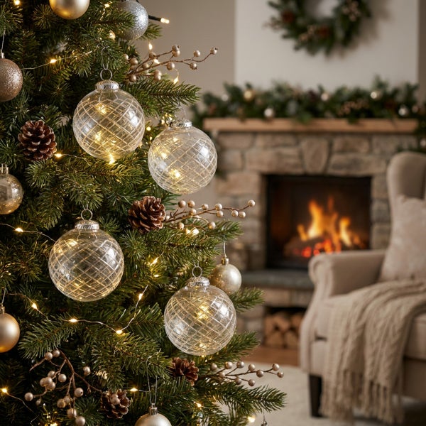 Weihnachtsbaum geschmückt mit gläsernen Christbaumkugeln mit Rautenmuster vor einem gemütlichen Kamin im Wohnzimmer