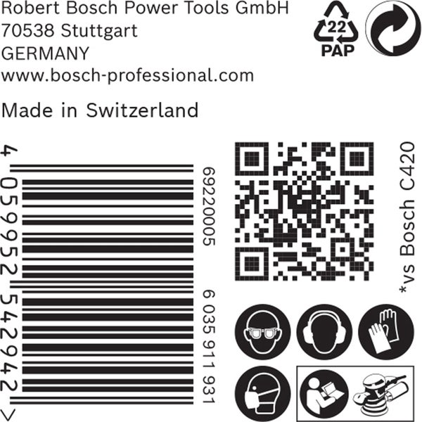 Produktverpackung mit Barcode, QR-Code und Sicherheitshinweisen für Augenschutz, Gehörschutz, Handschutz und Atemschutz.