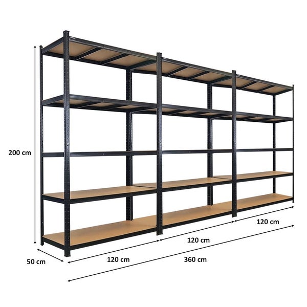 Lagerregal mit vier Ebenen und den Maßen 360 cm mal 200 cm mal 50 cm.