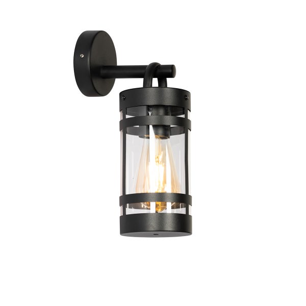 Schwarze Außenwandleuchte in Zylinderform mit klarem Glas und sichtbarem Leuchtmittel im industriellen Design.