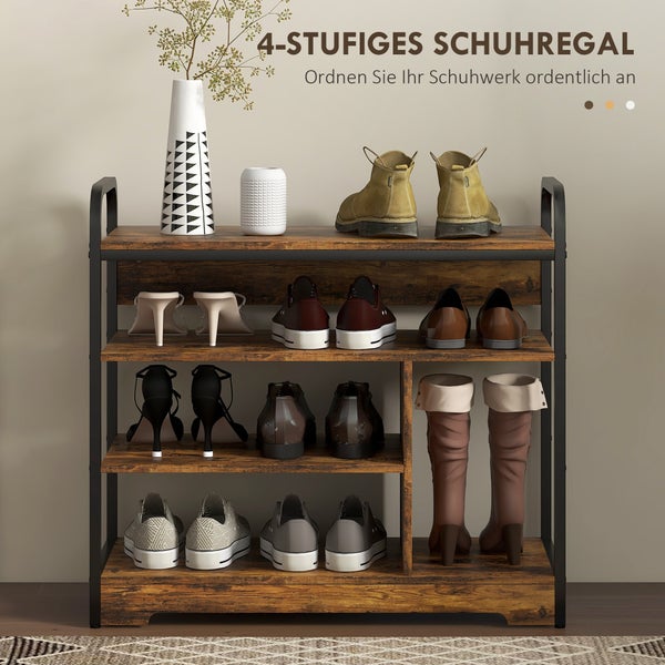 HOMCOM Schuhregal mit 4 Ebenen, Schuhablage mit Griff, Schuhständer für 11 Paar Schuhe, Platzsparend Schuhaufbewahrung, Schuh-Organizer für Eingang, Flur, Rustikal-Braun