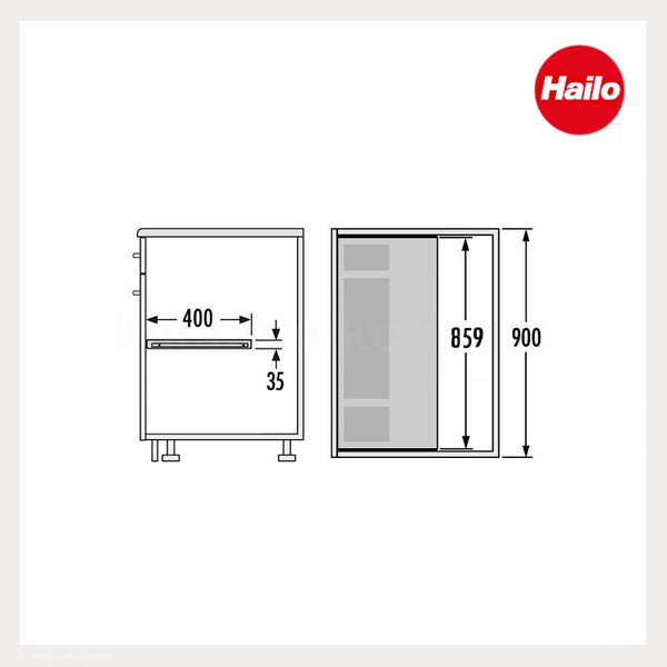 Technische Zeichnung mit Maßen in Millimeter für einen Schrank mit 400 Millimeter Breite und 900 Millimeter Höhe. Hailo Logo.