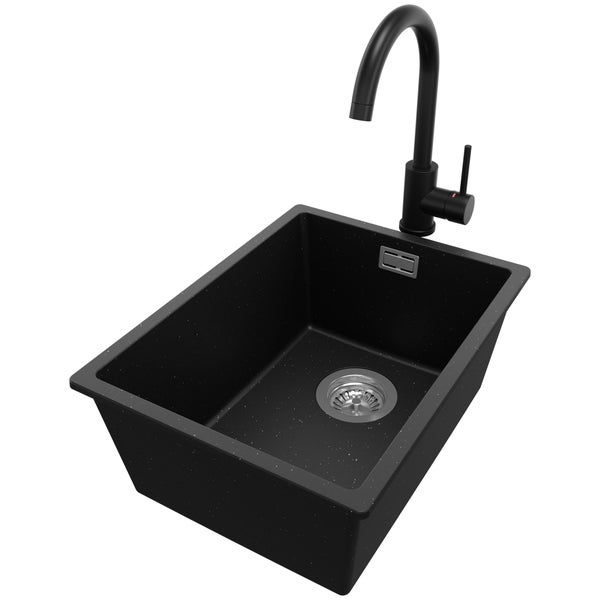 PRIMAGRAN Granitspüle Schwarz Metallic 36x47cm, Spülbecken 1 Becken + Küchenarmatur 32x20cm + Ablauf-Set, Küchenspüle ab 40er Unterschrank - London Slim