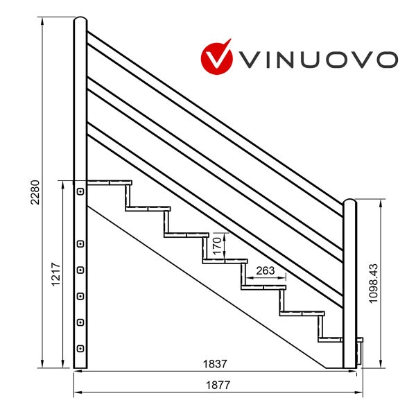 Technische Zeichnung einer Treppe mit Maßen und Vinuovo Logo